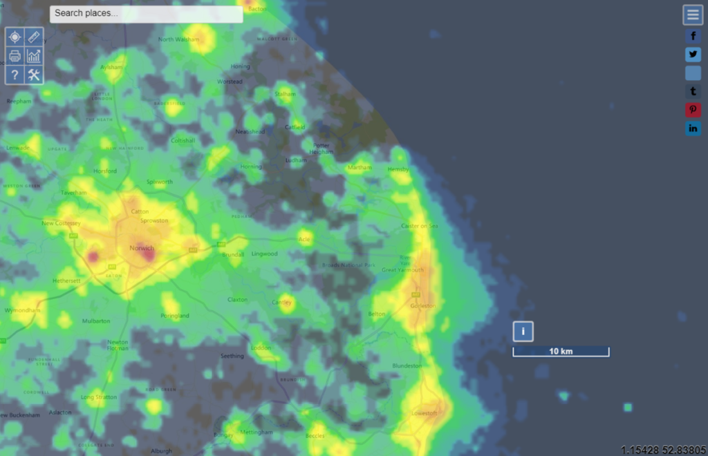 © 2021 Microsoft Corporation © 2021 TomTom Terms of Use Jurij Stare, www.lightpollutionmap.info (v2.8.1) VIIRS Earth Observation Group, NOAA National Geophysical Data Center
