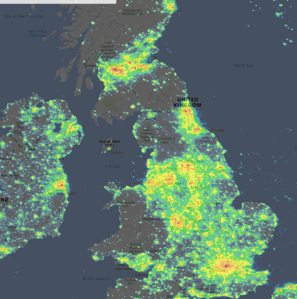 From the same site, this is Norfolk in comparison to the rest of the UK. Norfolk is losing its dark skies as light (‘radiance’) spreads …